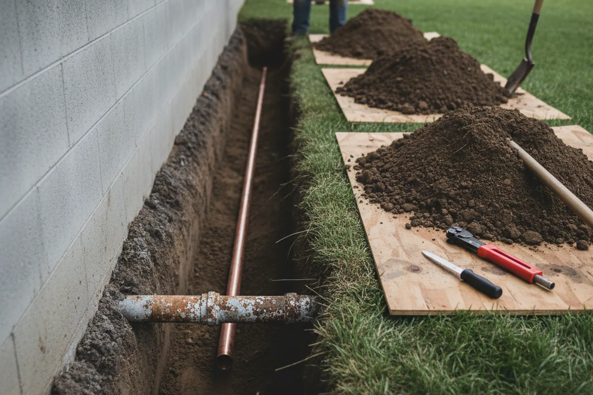 Excavated water line trench during Water Heater Repair in Bloomington Springs